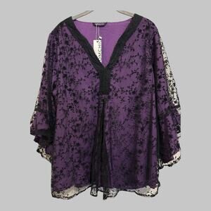 Bloomchic Y2K Black Lace Purple Whimsigoth Fairy Grunge Flowy Top Size 14/16 XL